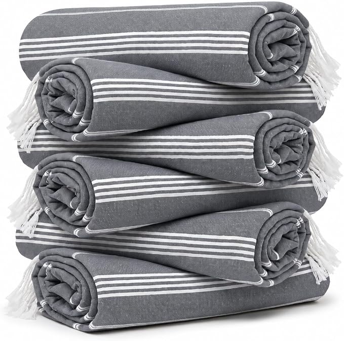 Turkish Beach Towel Set of 6 Oversized 72x40 100% Turkish Cotton | Soft Hammam Peshtemal, Sand Free, Quick-Dry, Absorbent Bath Towel | Lightweight & Compact for Travel, Pool, Gym, Spa - Grey