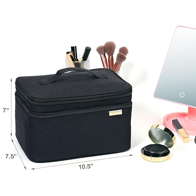 NISHEL Large Makeup Bag Organizer, Double Layer Cosmetic Travel Case | Organizer for brushes, bottles, makeup and skin care products, ideal for trips and daily use, Black, Large