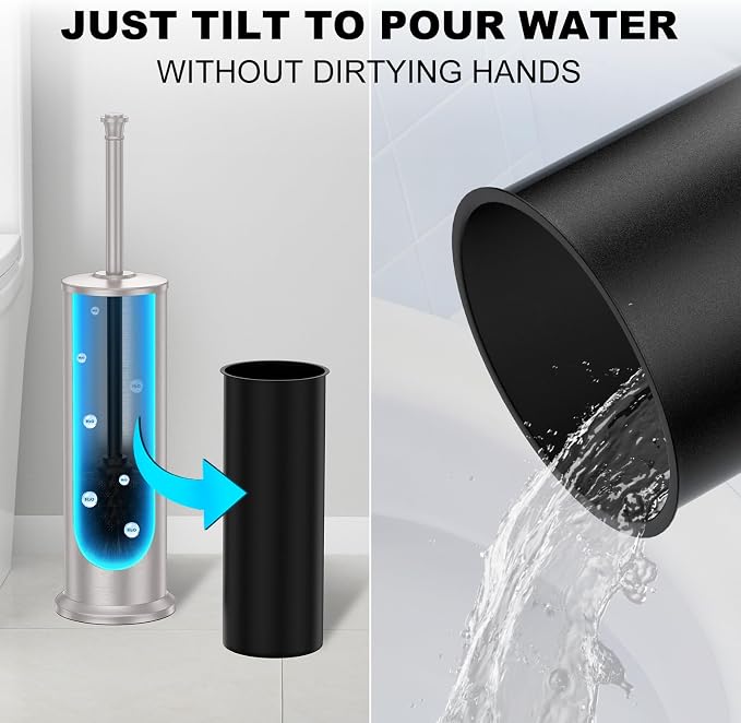 Stain Nickel Toilet Brush and Holder，Extra Long Handled Toilet Brush for Bathroom，Stainless Steel Heavy Duty Toilet Bowl Brush,Removable Inner Bowl,Deep Cleaning Dense Bristles Brush