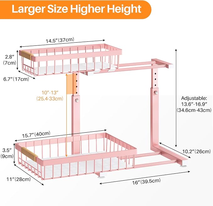 PXRACK Under Sink Organizer, Adjustable Height, 2 Tier Pull Out Under Cabinet Organizer, Slide Out Thickened Metal Under Sink Storage for Kitchen Bathroom Laundry Pantry Cabinet, Pink, Large-1-Pack