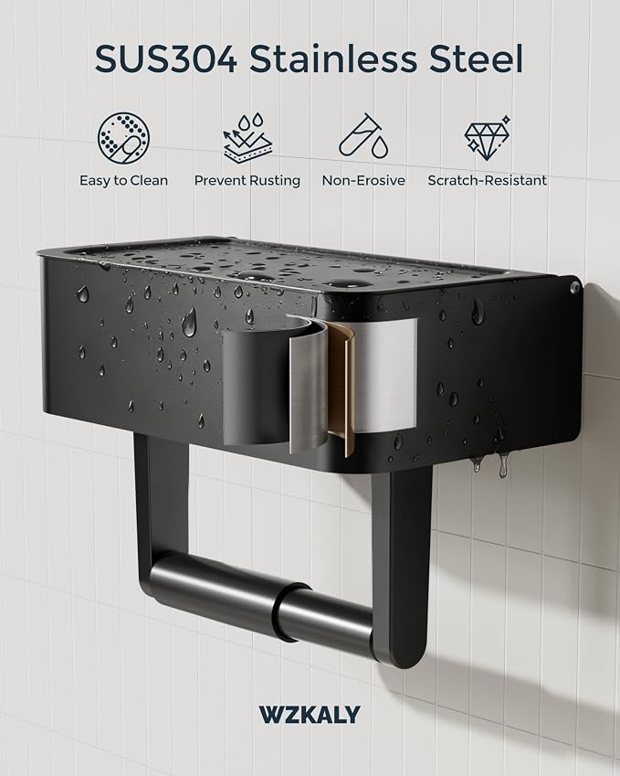 Toilet Paper Holder with Shelf - Flushable Wipes Dispenser & Storage Fits Any Bathroom, Keep Your Wet Wipes Hidden - Stainless Steel Wall Mount Bathroom Organizer -（Matte Black, Regular roll）
