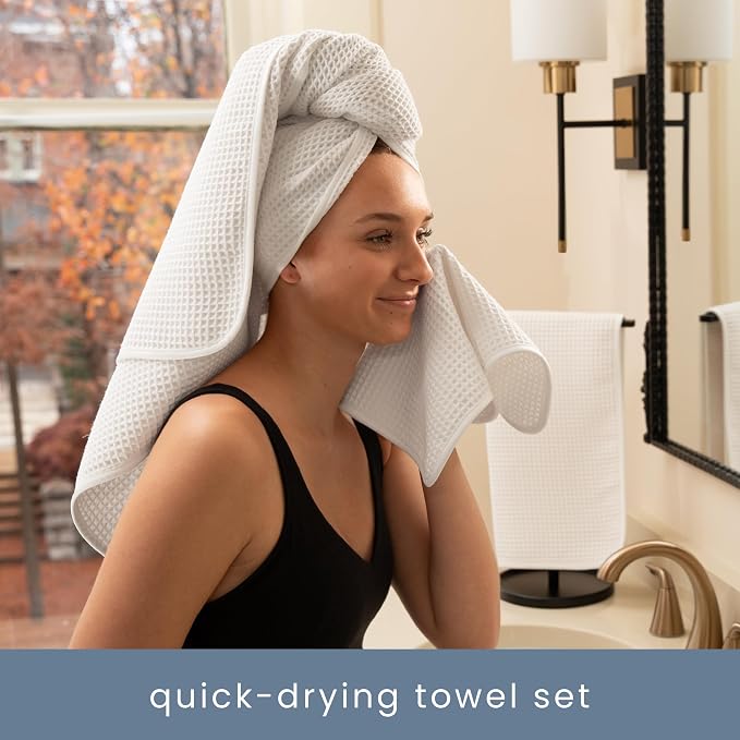 S&T INC. Aura Waffle Bath Towel Set, 6 Pieces, White | 2 Bath Towels, 2 Hand Towels, 2 Wash Cloths, Absorbent Microfiber, Quick-Dry and Lightweight, 420GSM