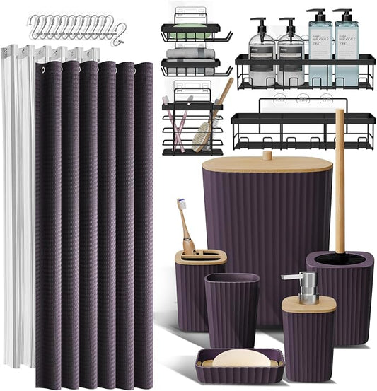 Clara Clark Bathroom Set, Shower Curtain Set and Shower Caddy Hanging | 25 Piece Purple Bathroom Accessories Set with Toothbrush Holder, Soap Dispenser, Soap Dish, Toilet Brush, and Trash Can