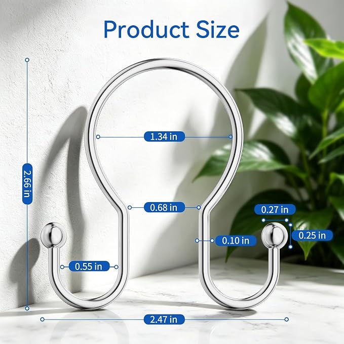 OEH Shower Curtain Hooks, 12 Pcs Minimalist Shower Curtain Rings, Metal Shower Curtain Hangers, Double Hook Silver Shower Curtain Hooks Rust Proof, Smooth Glide Shower Hooks for Shower Curtain, Chrome