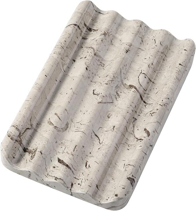 Natural Grey Marble Soap Dish for Shower, Stone Soap Tray for Bathroom, Gray Bar Soap Holder for Sink, Stripe Grooves Soap Saver Stone Dish Keep Bars Dry Easy Clean