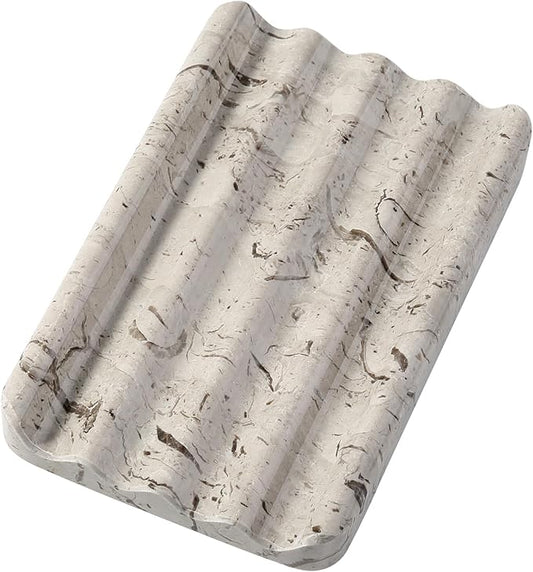 Natural Grey Marble Soap Dish for Shower, Stone Soap Tray for Bathroom, Gray Bar Soap Holder for Sink, Stripe Grooves Soap Saver Stone Dish Keep Bars Dry Easy Clean