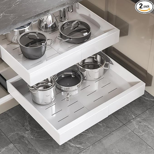 Seinloes 2 Pack Pull Out Cabinet Organizer 19" Deep,Full Extension 3 Slide Rails Slide Out Drawers With Raising Pad for Framed Cabinets,Expandable Width (12.3"-20.5"),No Drill Roll Out shelf,White
