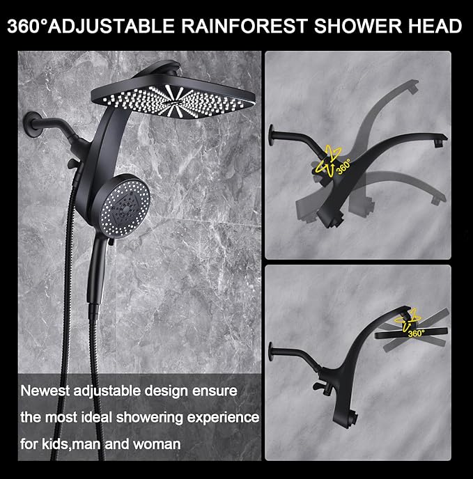 12" High Pressue Rain Shower Head with Handheld, 9 Sprays Hand Showerhead | Shower Heads with Handheld Spray Combo, Dual Head, Built-in Magnetic Docking, Power Jets, 59" Shower Hose, Black 1.8GPM
