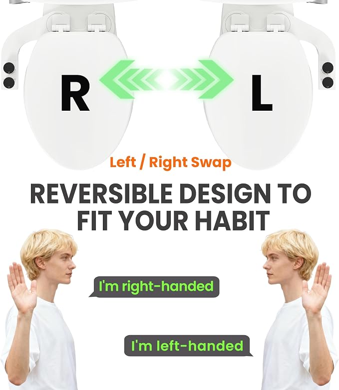Toilet Bidet With Left/Right Side Reversible Design, Fresh Water, Non-Electric, Toilet Bidet Attachment, Right/Left Hand Side with Dual Nozzle, Self-Clean, Easy to Install (Black Knob)