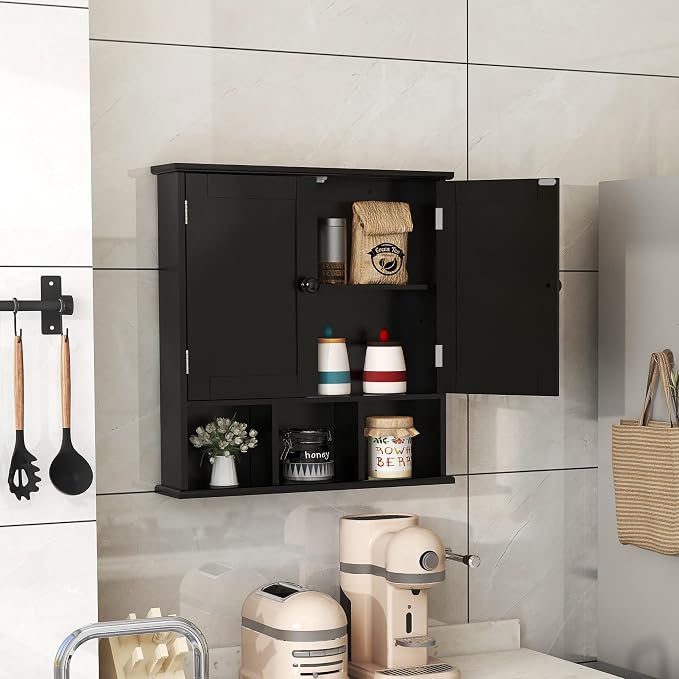 TaoHFE Black Medicine Cabinet Bathroom Over the Toilet Storage Cabinet | Wall Medicine Cabinet Organizer with 2 Door Adjustable Shelves, Wooden Modern Bathroom Shelves Wall Mounted Laundry Room