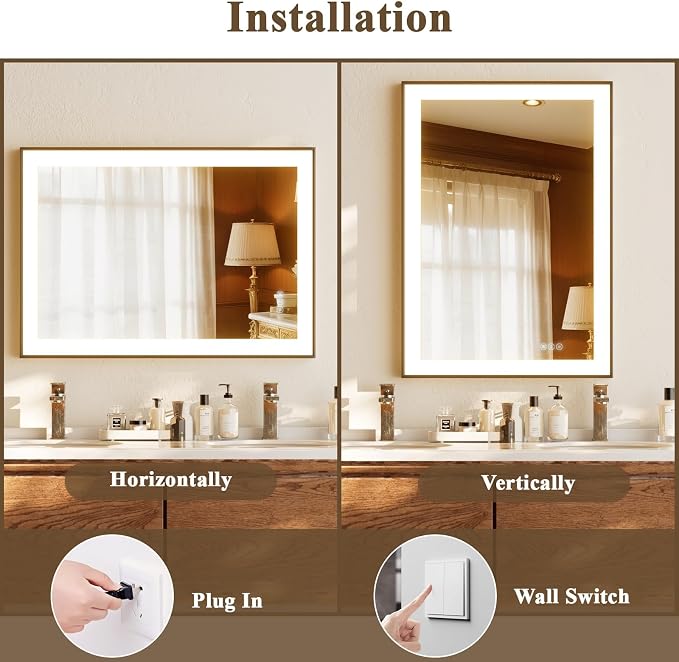 HARRITPURE Vanity Mirror with Lights, 24"x 32" LED Bathroom Mirror | Black Framed Lighted Mirror for Wall, Anti-Fog, Stepless Dimmable, 3 Color Modes, Memory Function