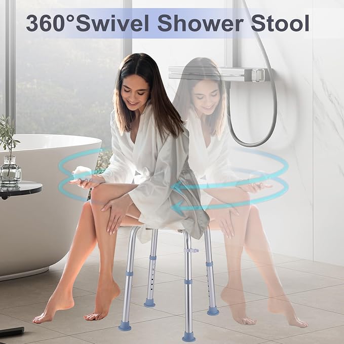 Shower Stool Chair for Inside Shower,360° Swivel,Light Blue,300LBS | 6-Level Adjustable Height Bath Chair,Shower Seat Stool for Bathroom,Upgrade Small Corner Stool for Seniors