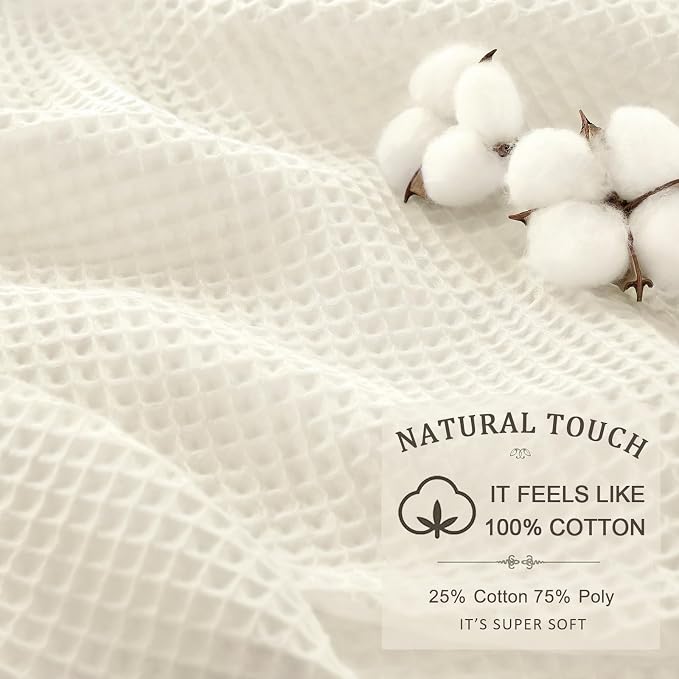 Waffle Weave Shower Curtain Heavyweight Cotton Fabric Ivory 72Wx72L | Soft Cotton Cloth,3D Square Truely Waffle Washable, Hotel Luxury Spa, Shower Curtain Set for Bathroom 12 Plastic Hooks