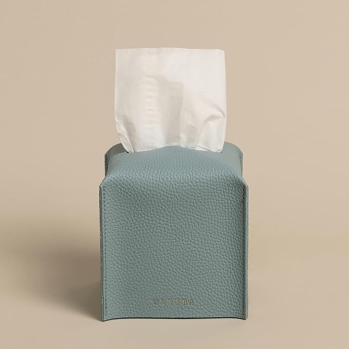 OLETHA Square Tissue Box Cover, Aesthetic Desk Decor, Sky Blue, 2 Pack | Faux leather tissue box holder for room, home, office; fits Kleenex & Puffs cube boxes; velcro base; easy swap; wipes clean