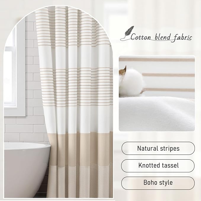 Beige Boho Cotton Striped Shower Curtain with Tassel 60" W X 72" L | Boho Farmhouse Shower Curtains for Bathroom with Soft Cotton Feel