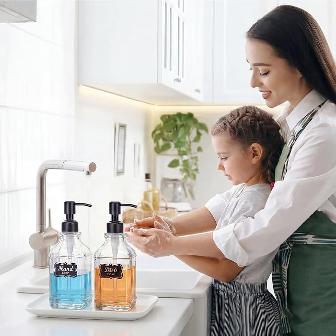 JASAI 2Pack Hand & Dish Glass Soap Dispenser with Black Rust Proof Pump | Refillable Dish Soap Dispenser with Sturdy 304 Stainless Steel Pump Pump for Kitchen and Bathroom.