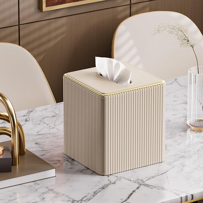 GORESE Tissue Box Cover Square for Kleenexs, PU Leather Tissue Box Holder with Gold-Tone Edging, Decorative Tissue Cover for Bathroom Livingroom Car, Modern Cube Tissue Holder, Beige