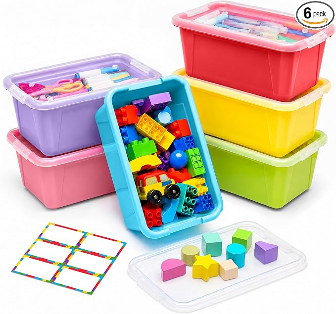 GAMENOTE 6 Quart Storage Bins with Lids, Plastic Latching Box for Classroom & Kids Toy Storage,Stackable Shoe Box Size Containers for STEM Morning Tubs, Crafts & Blocks (6, Macaron)