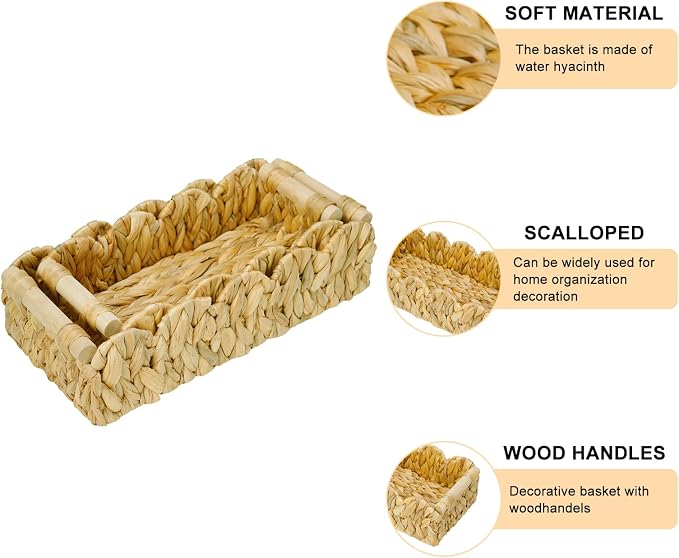 Decorative Toilet Paper Storage Basket, Modern Farmhouse Home Decor Scalloped Basket for Organizing, Pantry Baskets for Shelves, Countertop, Living Room, Wood Handles, Natural Water Hyacinth (2pack）