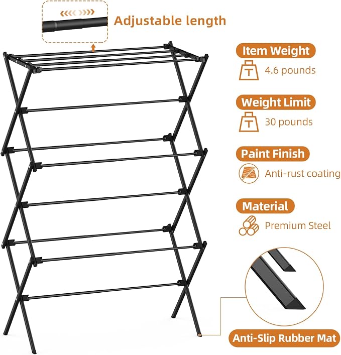 Drying Rack Clothing, 3-Tier Clothes Drying Rack Foldable, Antirust Laundry Drying Rack Collapsible Use for Indoor & Outdoor, 11.8" D x 34.6" W x 35.4" H, Black