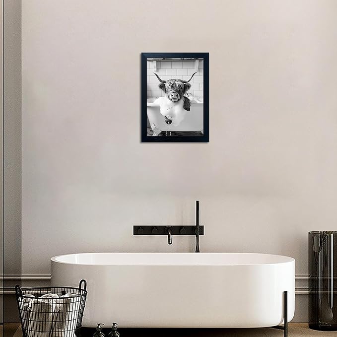 Framed Cow Bathroom Decor, Funny Bathroom Painting Wall Art, Highland Cow in Bathtub Farmhouse Canvas Print, Black and White Cow Pictures Wall Decor, Animal Pcture Artworks for Wall