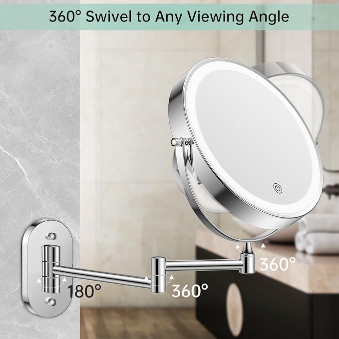 FUNTOUCH 2500mAh Rechargeable Wall Mounted Lighted Makeup Mirror 1X/20X | 8 Inch Double Sided 1X 20X Magnifying Bathroom Mirror, 3 Color Lighting, Touch Dimming, Extended Arm 360° Light up Mirror