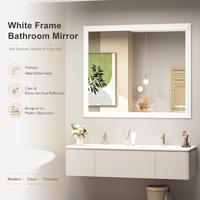 SMIROR 60x40 Matte White Bathroom Vanity Mirror for Over Sink | Metal Wide Frame, Rectangle, Right- Angle Corner, Anti-Rust, Horizontally or Vertically Wall- Mounted for Home Remodel