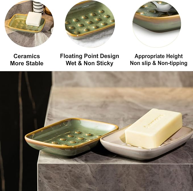Miamolo Soap Dish for Shower & Bathroom, Floating Point Save Soap Loss | Ceramic Soap Holder Saver, Ideal for Kitchen Countertop | Versatile Tray for Sponges, Trinkets, Brushes, Easy Cleaning, Green