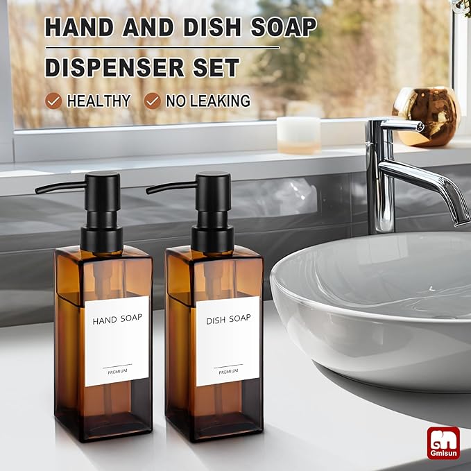 GMISUN Amber Glass Soap Dispenser, 2 Pack Hand Soap Dispenser Bathroom, 12 fl oz/350ml Dish Dispenser Set for Kitchen, Glass Liquid Dispenser with Stainless Steel Pump, Brown Soap Dispensers Bottle