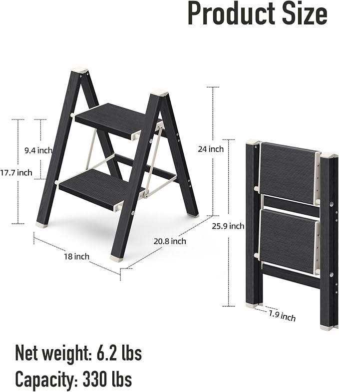 Mayi Plus 2 Step Stool Foldable, Aluminum, Lightweight Step Ladder | Extra-wide anti-slip folding steps with 330 lbs, for home,kitchen,office,outdoor,Ebony woodgrain