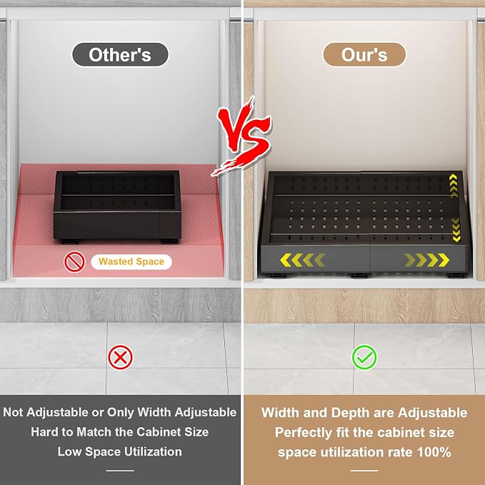 Fokyfok Pull out Cabinet Organizer,11"-16"W,17"-24"D,Expandable,Adhesive | No Drill,3 Rails,Adjustable Slide out Drawers for Kitchen,Pantry,Roll out Shelves,for Cabinets Without Lip,Bathroom,Black,1PC