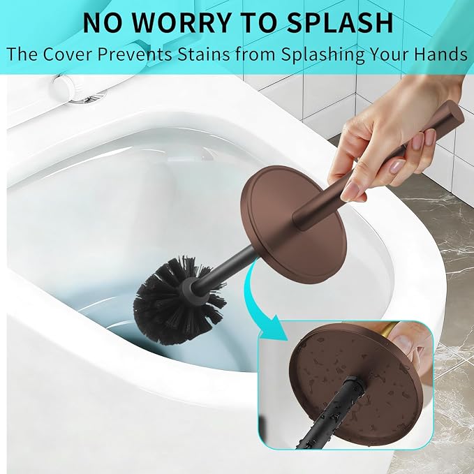 Stainless Steel Toilet Brush and Holder Set,Toilet Bowl Brush and Holder | Bronze Heavy Duty Toilet Brush for Bathroom with Long Handle,Removable Inner Bowl and Splash Protection,Deep Cleaning