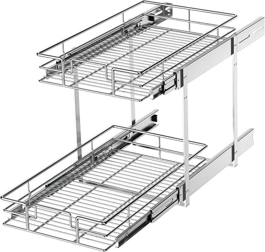 LOVMOR 2 Tier Individual Pull Out Cabinet Organizer 11" W x 18" D, Slide Out Kitchen Cabinet Storage Sliding Shelves