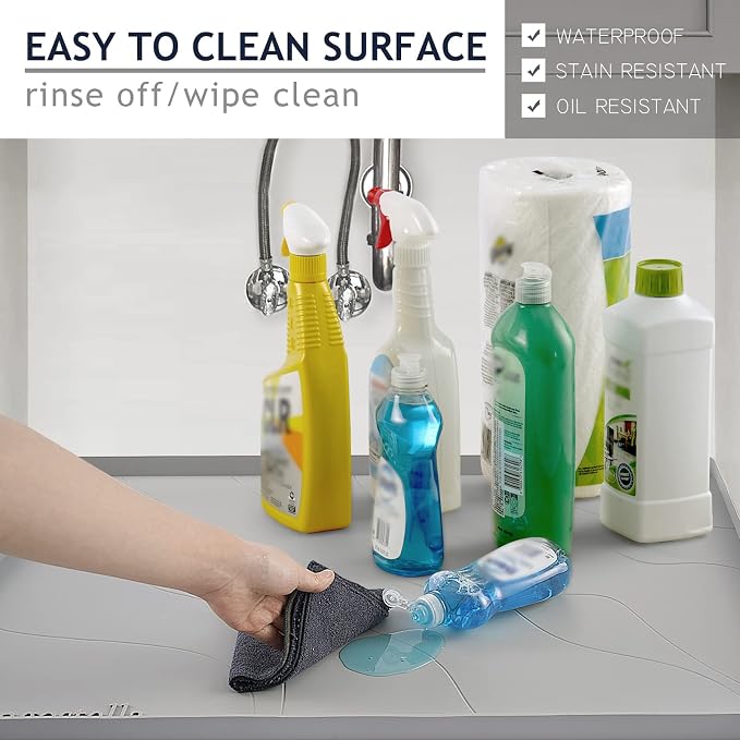 Heavy Duty Silicone Under Sink Mats for Kitchen Waterproof 31" x 22", Extra Thick Under Sink Rubber Mat Drip Tray, Raised Edge Under Sink Liner,Prevent Drips, Leaks, Spills,Grey