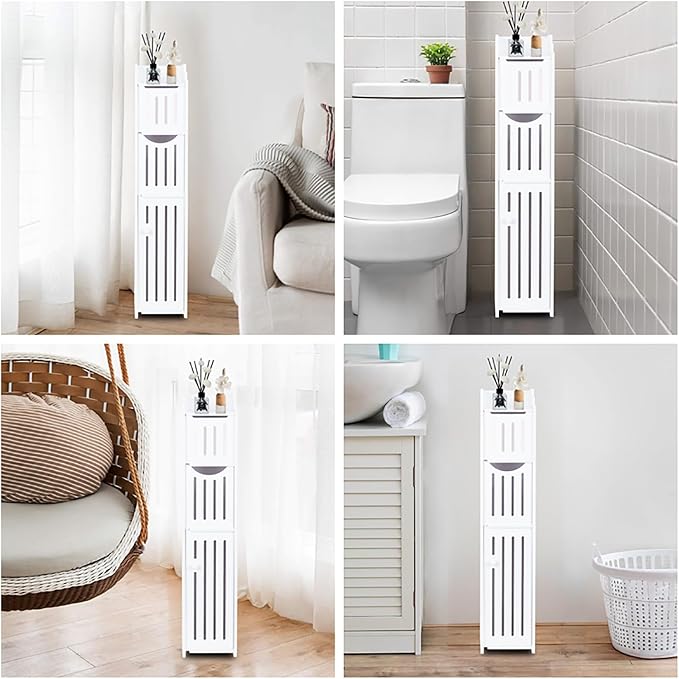 ShellKingdom Toilet Paper Holder Stand, Bathroom Storage Cabinet with Doors | Slim Storage Cabinet for Bathroom Small Spaces Corner Shelf Organizer - White