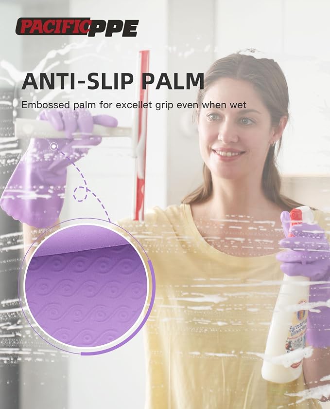 2 Pairs Dishwashing Gloves, Cotton Flocked Liner, Purple, Large | Waterproof dishwashing gloves with non-slip grip, Latex-Free, flexible fit for kitchen, bathroom, laundry & cleaning