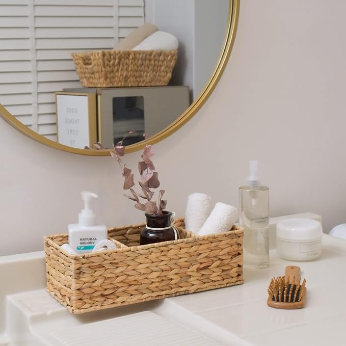 StorageWorks Toilet Paper Basket, 3-Section Water Hyacinth Storage Baskets | Wicker Basket, Toilet Paper Storage for Back of Toilet Tank, Woven Baskets for Shelves, Wicker Baskets with 3 Compartments