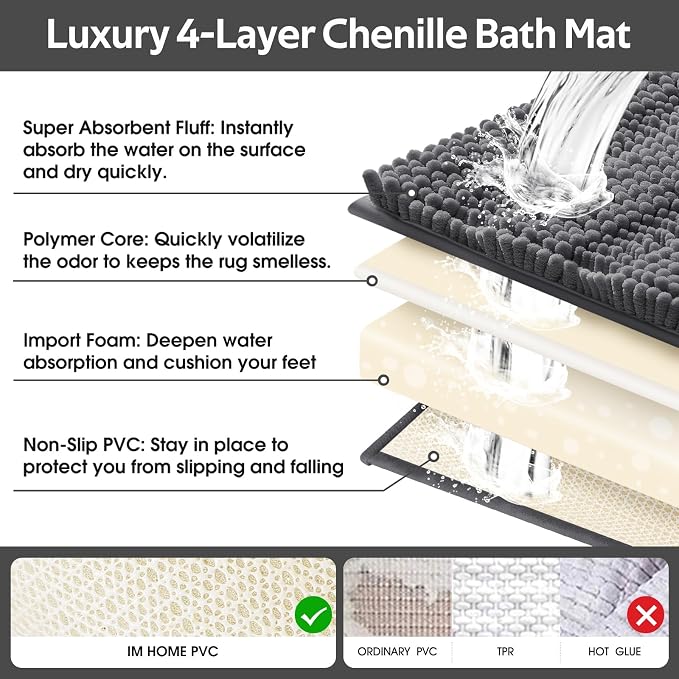 Striped Grey Bathroom Rug Mat Set 2 piece 32"x20"+60"x20" Ultra Soft, Non Slip Chenille Bath Rugs, Absorbent Plush Shaggy Bath Mats for Bathroom, Bedroom, Kitchen, Shower, Tub,Dark Gray, Charcoal