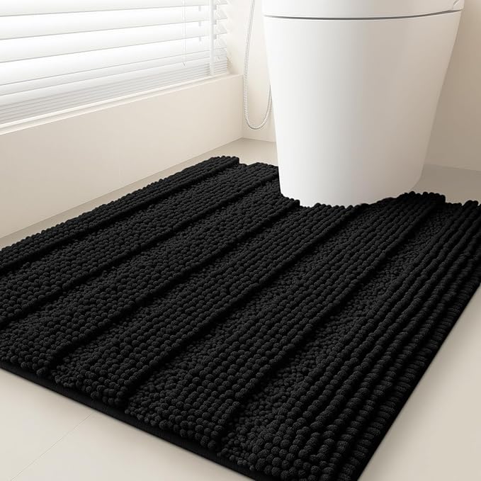 Striped Black Toilet Bathroom Rug Mat 24" x 20" Contour Rug Ultra Soft, Non Slip Chenille Bath Rugs, Absorbent Plush Shaggy Bath Mats for Bathroom, Bedroom, Kitchen, Shower, Tub