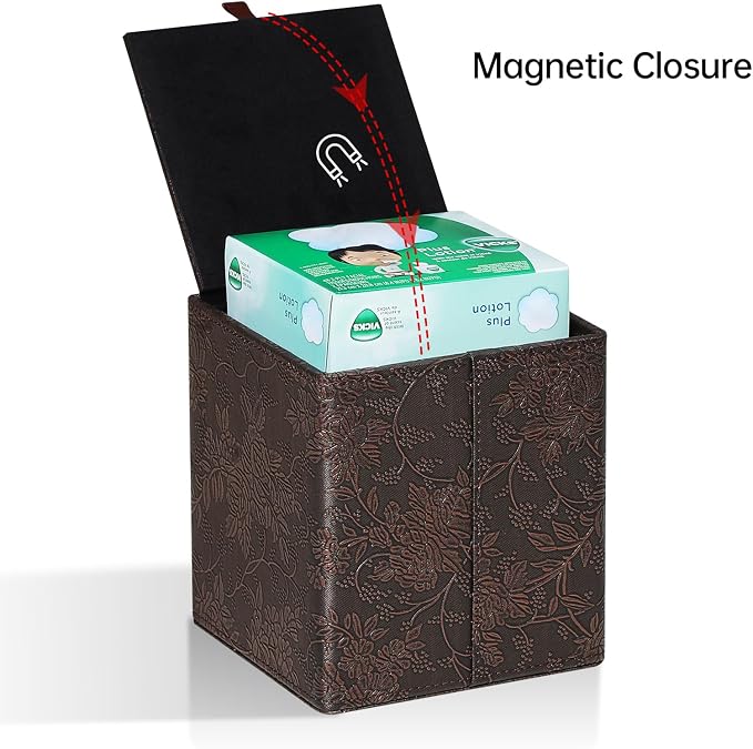 Square Tissue Box Cover, Stylish Leather Tissue Box Holder with Magnetic Bottom, Used As A Decorative Tissue Holder for Living Rooms, Bedrooms, and Desks (Brown Grape Pattern)