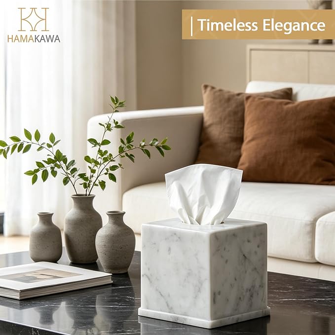 Natural Marble Tissue Box Cover, Carrara White Tissue Organizer 6 x 6 x 5.7 inch, Heavy Stone Decorative Box, Square Tissue Box Holder for Home Decor, Kitchen, Bathroom, Bedroom