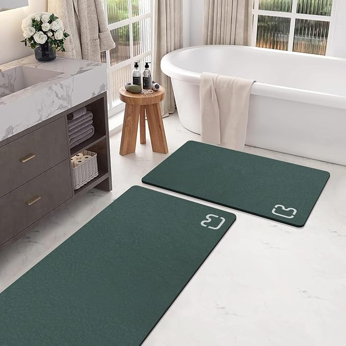 Bathroom Rugs and Mats Set 2 Piece Diatomaceous Earth Bath Mat,Dark Green | Non Slip Rubber Backed Quick Dry Bathroom Rugs Super Absorbent Low Pile Diatomite Stone Bathroom Mat Fit Under Door Floors
