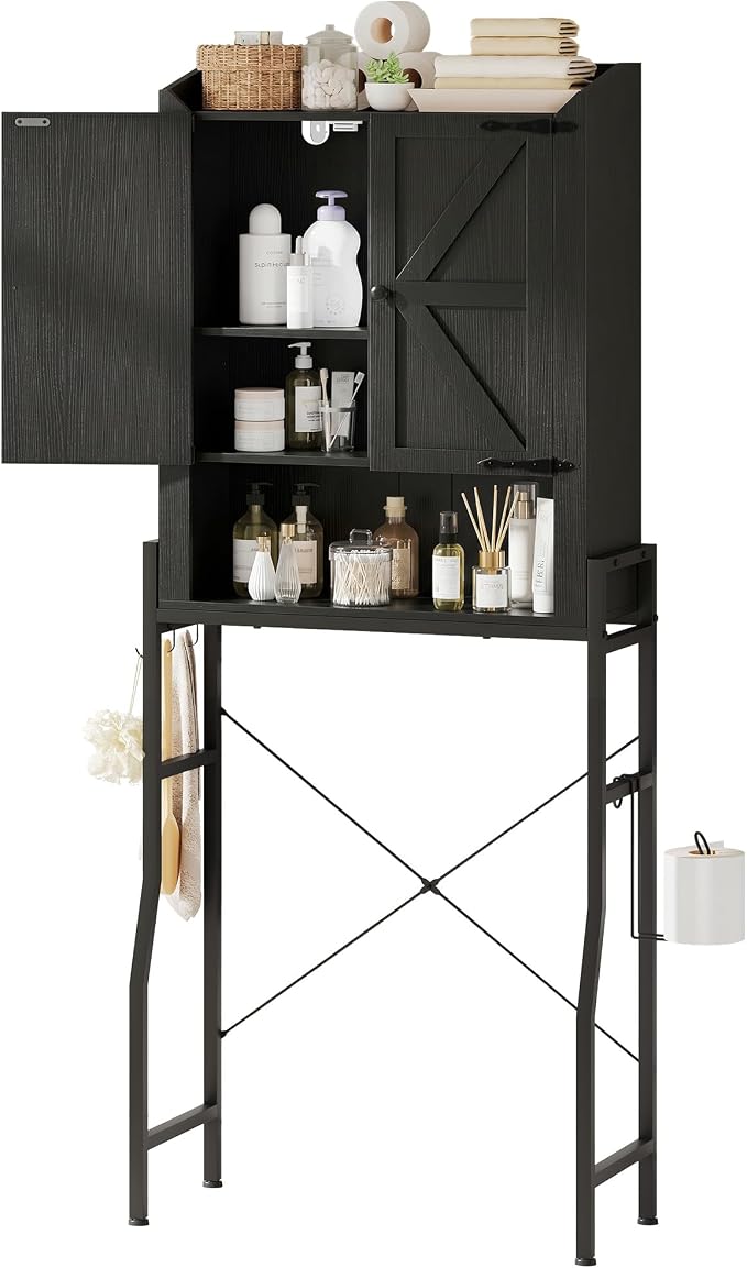 Over The Toilet Storage Cabinet with 2-Door & Metal Stand, Black | Toilet Paper Holder, 3 Extra Hooks, Anti-Tipping Device, With Adjustable Shelves, for Bathroom, Restroom, Laundry