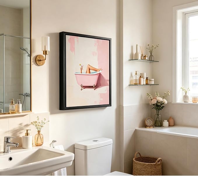 Black Floating Framed Funny Pink Bathroom Canvas Wall Art Trendy Charm Girl Bathtub Painting Picture Wall Decor Martini Cocktail Poster Print Artwork for Restroom Toilet Home Decoration 12x16in