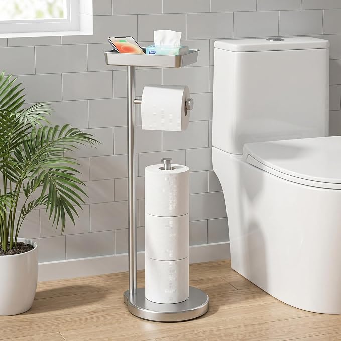 theaoo Toilet Paper Holder Stand with Shelf, Flushable Wipes Dispenser, Free Standing Toilet Tissue Roll Storage Rack Organizer for Bathroom (Silver, Free Standing - with Storage)