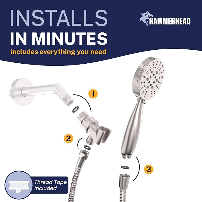 HammerHead Showers Solid Metal 3-Spray Handheld Shower Head with Long Hose and Holder, High Pressure, Wide/Massage/Mist Sprays, Brushed Nickel, 1.75 GPM
