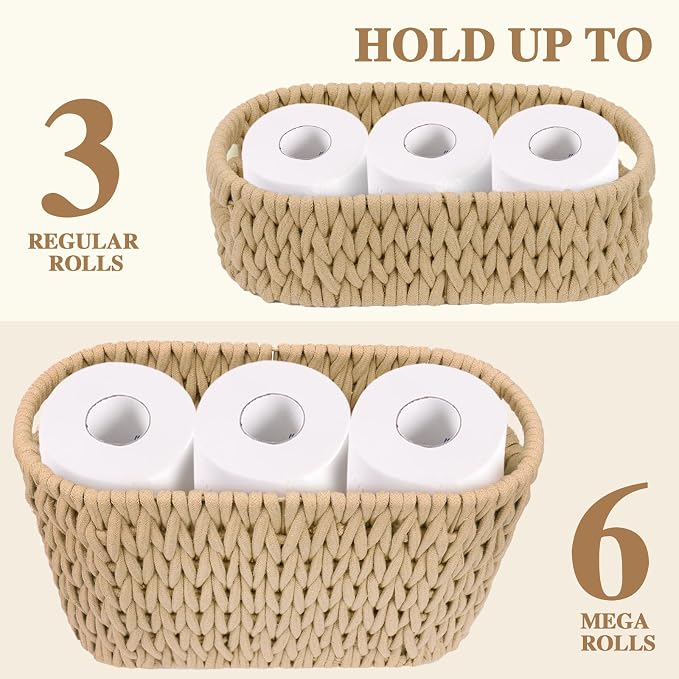Boho Toilet Paper Storage Baskets, Cotton Rope Woven Bathroom Basket Set of 2, Standing Toilet Paper Holder for 6 Mega Rolls,Storage Bins for Toilet Tank Top, Bathroom Organizer Decor (Brown 2 Pack)