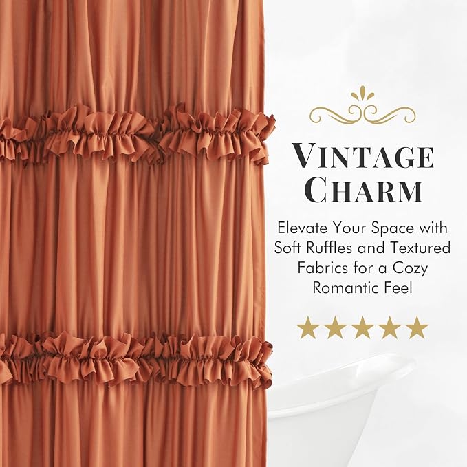 LIPA Boho Shower Curtain Rustic Ruffle Shower Curtain with Ruched & Bow Vintage Farmhouse Shower Curtains for Bathroom Bohemian Bathroom Decor(Orange,72x72 Inches)