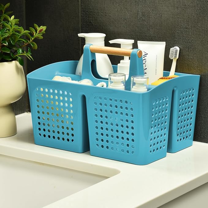Portable Shower Caddy Basket with 3 Compartments and Handle, Teal | Plastic Divided Toiletry Caddy for Pools, Gyms, Beaches, Campgrounds, RVs, Travel and Shared Bathrooms
