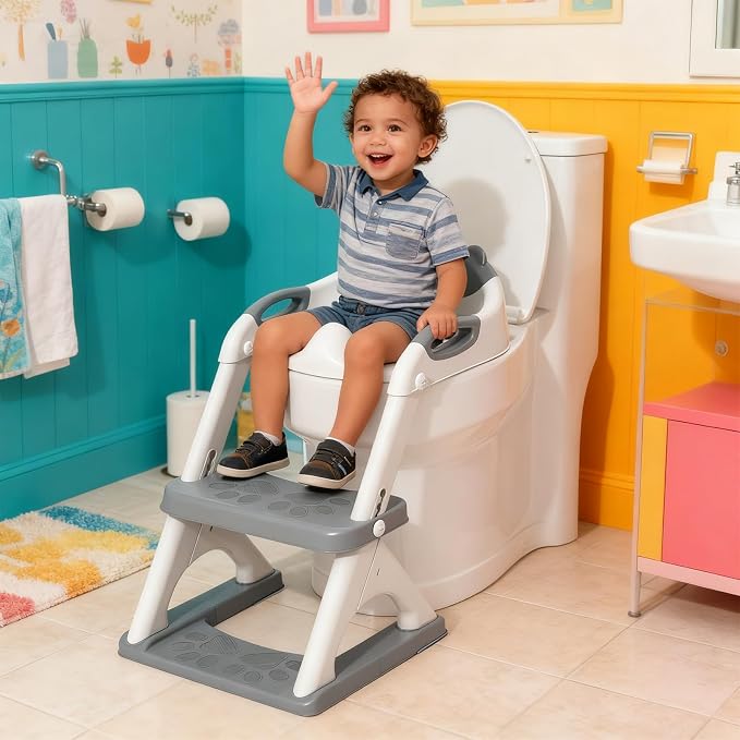 Potty Training Toilet for Toddlers, 2-in-1 Potty Training seat, Anti-Slip | SKYROKU, Fits Round & Elongated Toilets, 6 Heights, Splash Guard, Foldable, Holds 200+ lbs, Step Stool, Dishwasher Cushion